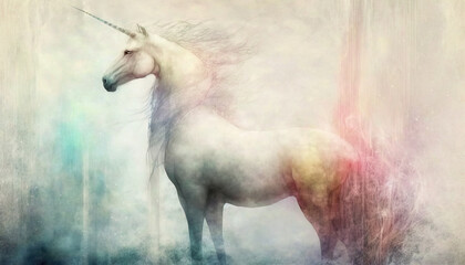 Naklejka na ściany i meble Unicorn abstract wallpaper. Soft background with cute mythical horse in Pastel colors generative ai