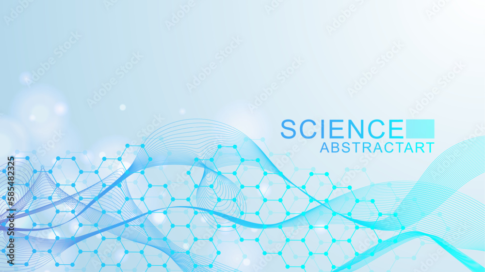 Sticker modern science background with lines, dots and hexagons. wave flow abstract background. molecular st