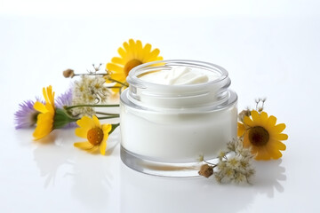 Clear mockup herbal dermatology cosmetic hygienic cream with flower, white background. AI Generated Art.