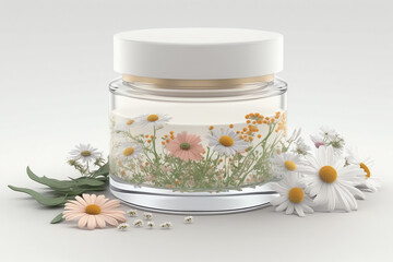 Fototapeta na wymiar Clear mockup flowers cosmetic moisturize clear skincare product glass jar, White natural background. AI Generated Art.