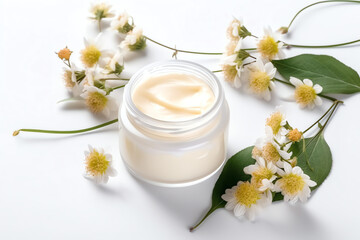 Obraz na płótnie Canvas Clear mockup herbal dermatology cosmetic hygienic cream with flower, white background. AI Generated Art.