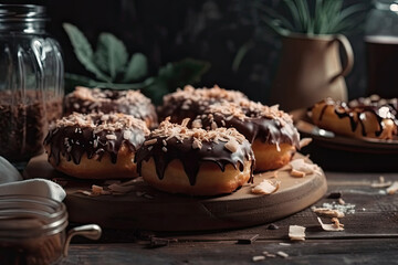 Fresh Donuts with chocolate glaze and coconut shreds on the table Generative AI