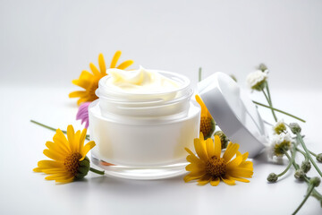 Fototapeta na wymiar Clear mockup herbal dermatology cosmetic hygienic cream with flower, white background. AI Generated Art.