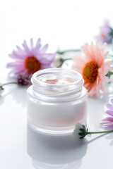 Clear mockup herbal dermatology cosmetic hygienic moisturize in glass jar with white natural background. AI Generated Art.