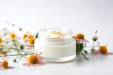 Obraz na płótnie Canvas Clear mockup herbal dermatology cosmetic hygienic cream with flower, white background. AI Generated Art.