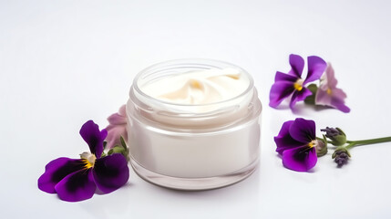 Clear mockup herbal dermatology cosmetic hygienic moisturize in glass jar with white natural purple background. AI Generated Art.
