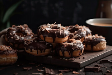 Fresh Donuts with chocolate glaze and coconut shreds on the table Generative AI