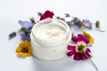 Obraz na płótnie Canvas Mockup herbal dermatology cosmetic hygienic cream with flowers with white background. AI Generated Art.