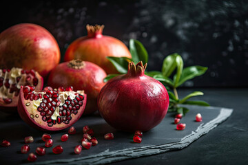 Fototapeta na wymiar Fresh Pomegranates, with salad on the stone Generative AI
