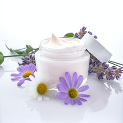Fototapeta na wymiar Mockup herbal dermatology cosmetic hygienic cream with flowers with white background. AI Generated Art.