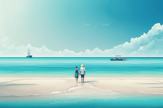 Elegant image of blue water and beach With couple, This visual is fitting for your projects with Generative AI technology