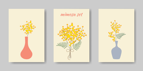 Branches of blooming mimosa in a vase. Set of templates for greeting cards, invitations, posters, covers