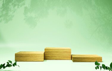 Wood podium product display and leaf on green background. Ecology background. 3d render.