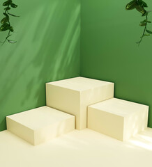 Podium product display and leaf on green background. Ecology background. 3d render.