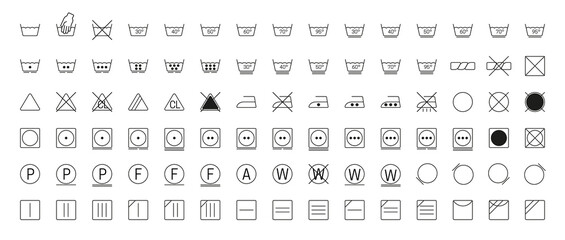 Laundry icons. Garment care instructions on labels, machine wash or hand wash signs. Isolated on white background. Vector illustration