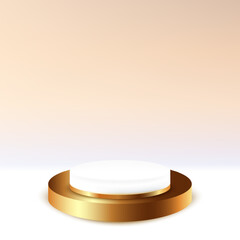 White and gold luxury geometric pedestal for product display or promotion. Vector abstract studio with 3d platform design. Minimal stage, showcase, advertising display.