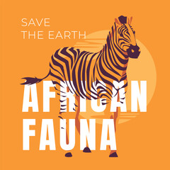 Fototapeta na wymiar A zebra stands on an orange background. African wildlife poster. Preservation of natural ecology. Vector flat illustration