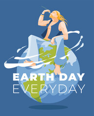 a young blond guy with long hair sits on a globe and sniffs a flower. Earth day and environment ecology concept poster. Vector flat illustration