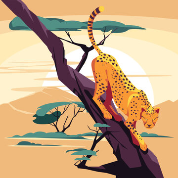 A cheetah on a tree in a savannah landscape. Wild fauna. Environmental protection. Vector flat illustration