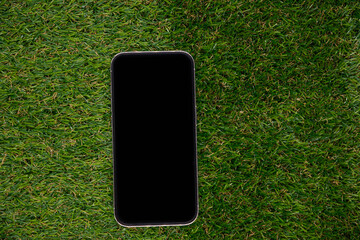 The smartphone is turned off and lies on the green grass