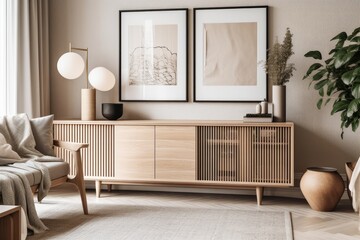 Beautiful living room with beige sideboard and simple furnishings. Copies. Template. Generative AI