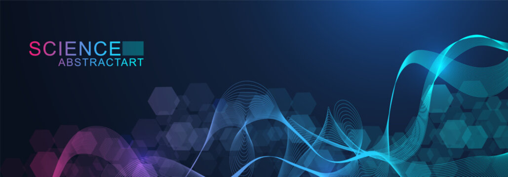 Modern scientific background with hexagons, lines and dots. Wave flow abstract background. Molecular structure for medical, technology, chemistry, science. Vector illustration