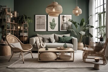 Modern living room with rattan chairs, cushion, plaid, macrame, wooden cubes, tropical plants, mock up poster frame, and exquisite accessories. Decoration. Generative AI