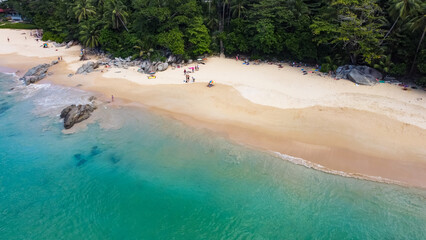 Aerial view of Nai Thon beach, Phuket, Thailand. Beautiful view from above. Turquoise waters of Andaman Sea on sunny day, Southeast Asia. 