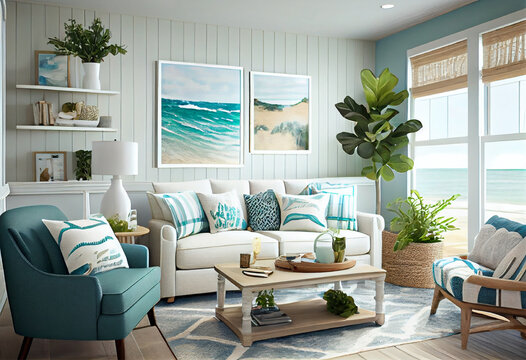 Interior design of a beach-inspired living room that feels relaxed and breezy using light colors, natural textures, and coastal-inspired decor to create a space like a vacation getaway | Generative AI