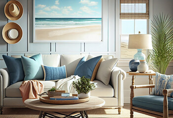 Interior design of a beach-inspired living room that feels relaxed and breezy using light colors, natural textures, and coastal-inspired decor to create a space like a vacation getaway | Generative AI