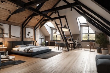 Contemporary attic loft apartment,. Generative AI - obrazy, fototapety, plakaty