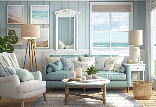 Interior design of a beach-inspired living room that feels relaxed and breezy using light colors, natural textures, and coastal-inspired decor to create a space like a vacation getaway | Generative AI