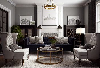 Interior design of a transitional living room that combines traditional and modern design elements using classic furniture pieces, modern decor, and a mix of textures and patterns | Generative AI