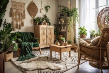 Green armchair in vibrant bohemian living room with table plant and wall décor. Real picture. Generative AI