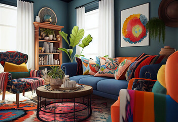 Interior design of a bohemian living room that is colorful and eclectic using bold patterns, bright colors, and decor items to create a space that feels free-spirited and artistic | Generative AI