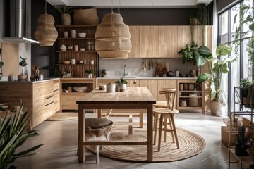 Obraz na płótnie Canvas Panorama of modern hardwood kitchen with white and black tones. Kitchenware and table. Scandinavian bohemian decor,. Generative AI