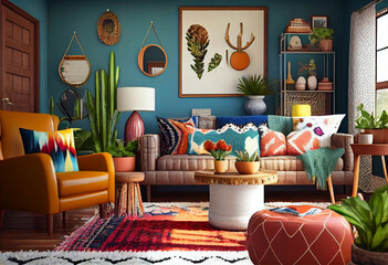 Interior design of a bohemian living room that is colorful and eclectic using bold patterns, bright colors, and decor items to create a space that feels free-spirited and artistic | Generative AI