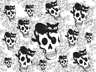skulls texture with black cats, vector illustration, bone, art.