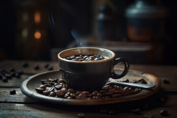 Coffee on wooden table generative ai