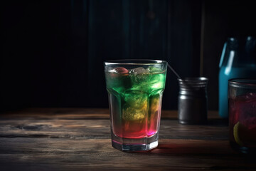 color's drink with ice. Cocktail making bar tools on the table generative ai