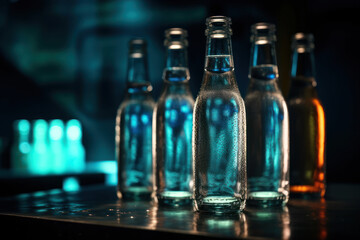  Very cold mineral water with ice in a misted glass bottles on the bar in the nightclub on wooden table generative ai