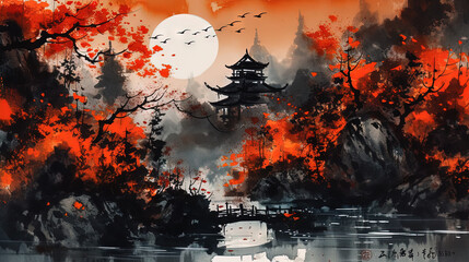 Obraz na płótnie Canvas japanese landscape ink wallpaper