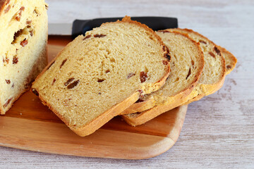 Cinnamon and raisin sweet bread, sliced