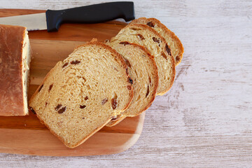 Cinnamon and raisin sweet bread, sliced