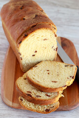 Cinnamon and raisin sweet bread, sliced