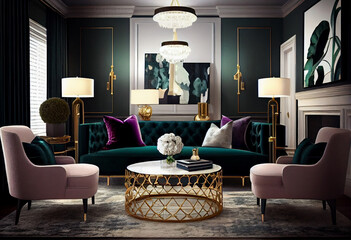 Interior design of a chic and sophisticated living room using rich colors, luxurious fabrics, and statement furniture pieces to make the space feel elegant and inviting | Generative AI