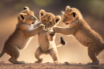 Obraz premium As the lion cubs play together, their soft, fluffy fur bounces with each energetic movement, and their adorable antics bring joy to all who witness them. Generative Ai