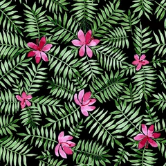 Fototapeten watercolor seamless pattern with tropical flowers and leaves. palm leaves on dark background © Татьяна Гончарук