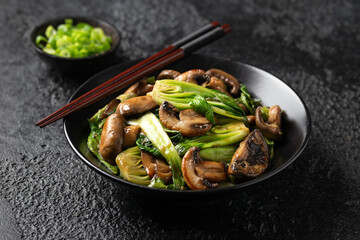 Bok Choy or Pak Choi and Mushroom Stir Fry in vegetarian sauce. Healthy vegan food.