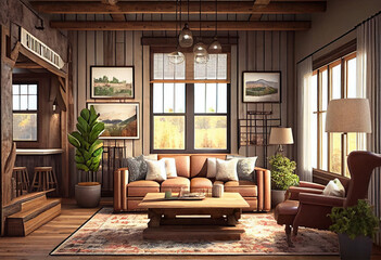 Fototapeta na wymiar Interior design of a rustic living room that feels warm and inviting in natural materials, warm colors, and vintage-inspired decor to create a space that feels cozy and welcoming | Generative AI